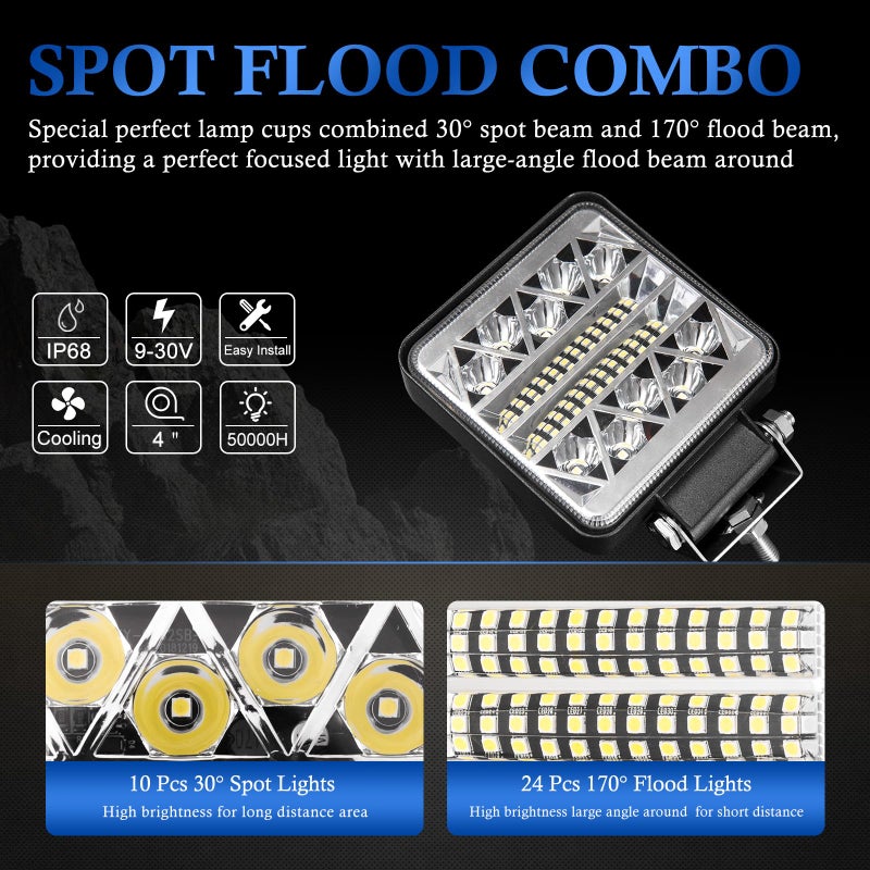 BUNKER INDUST 4 Inch LED Light Pods,2 Pcs Square Tractor Work Light Spot Flood Driving Small Light Bar Waterproof for Truck Equipment Vehicle Pickup UTV ATV Golf Cart - Image 2